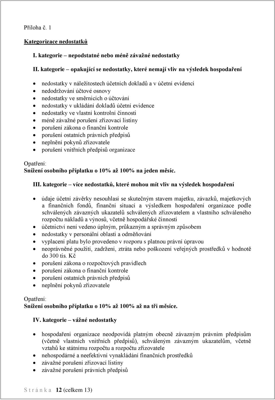 účtování nedostatky v ukládání dokladů účetní evidence nedostatky ve vlastní kontrolní činnosti méně závažné porušení zřizovací listiny porušení zákona o finanční kontrole porušení ostatních právních