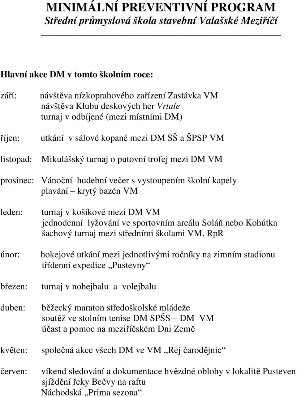 červen: turnaj v košíkové mezi DM VM jednodenní lyžování ve sportovním areálu Soláň nebo Kohútka šachový turnaj mezi středními školami VM, RpR hokejové utkání mezi jednotlivými ročníky na zimním