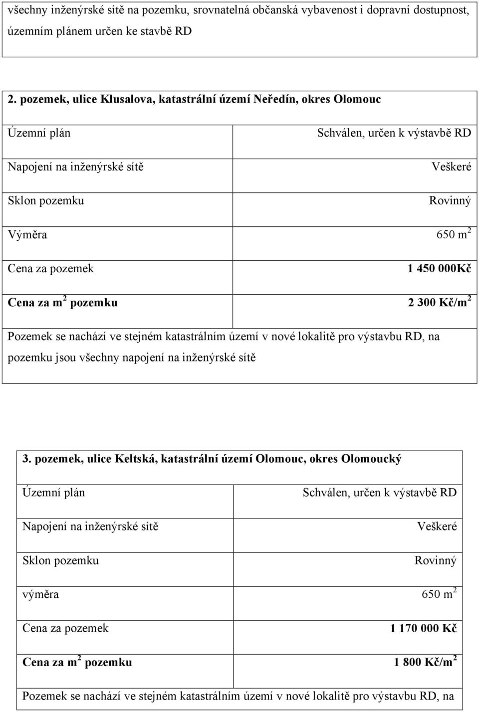 450 000Kč Cena za m 2 pozemku 2 300 Kč/m 2 Pozemek se nachází ve stejném katastrálním území v nové lokalitě pro výstavbu RD, na pozemku jsou všechny napojení na inženýrské sítě 3.