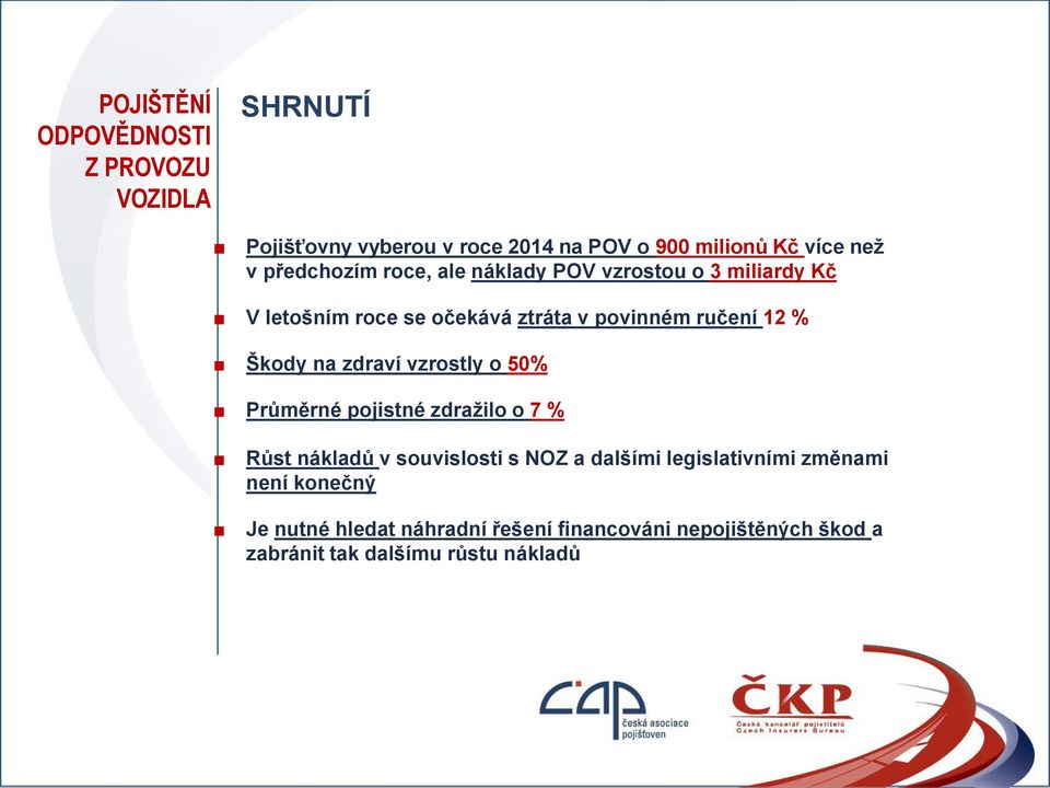 Škody na zdraví vzrostly o 50% Průměrné pojistné zdražilo o 7 % Růst nákladů v souvislosti s NOZ a dalšími