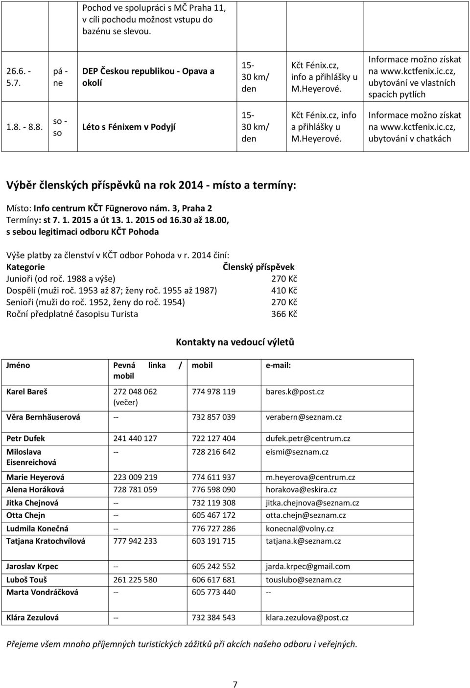 Informace možno získat na www.kctfenix.ic.cz, ubytování v chatkách Výběr členských příspěvků na rok 2014 místo a termíny: Místo: Info centrum KČT Fügnerovo nám. 3, Praha 2 Termíny: st 7. 1.