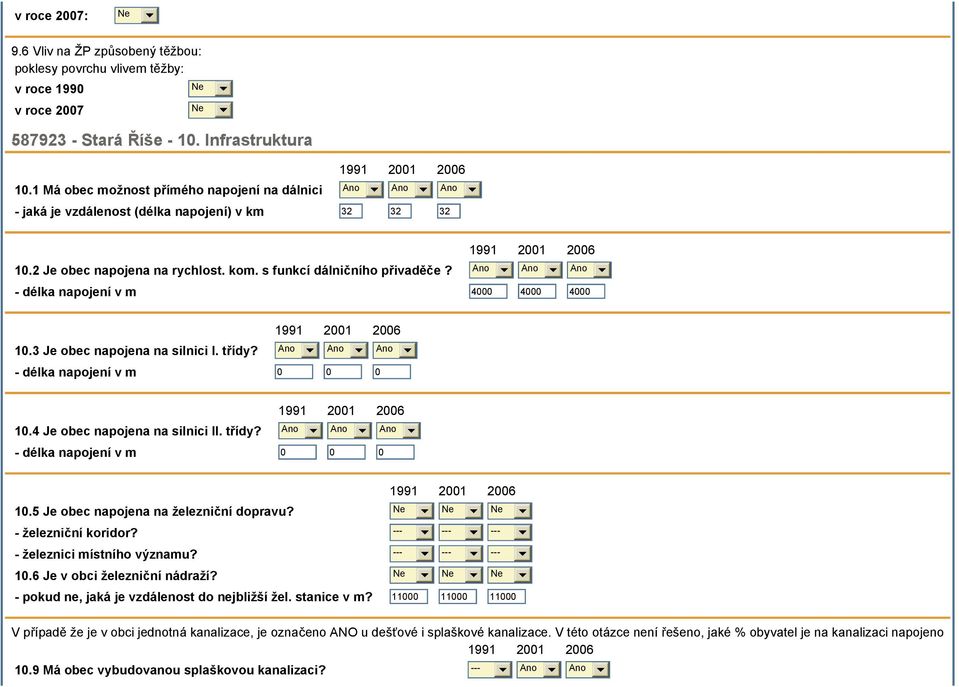 Ano Ano Ano - délka napojení v m 4000 4000 4000 10.3 Je obec napojena na silnici I. třídy? Ano Ano Ano - délka napojení v m 0 0 0 10.4 Je obec napojena na silnici II. třídy? Ano Ano Ano - délka napojení v m 0 0 0 10.5 Je obec napojena na železniční dopravu?