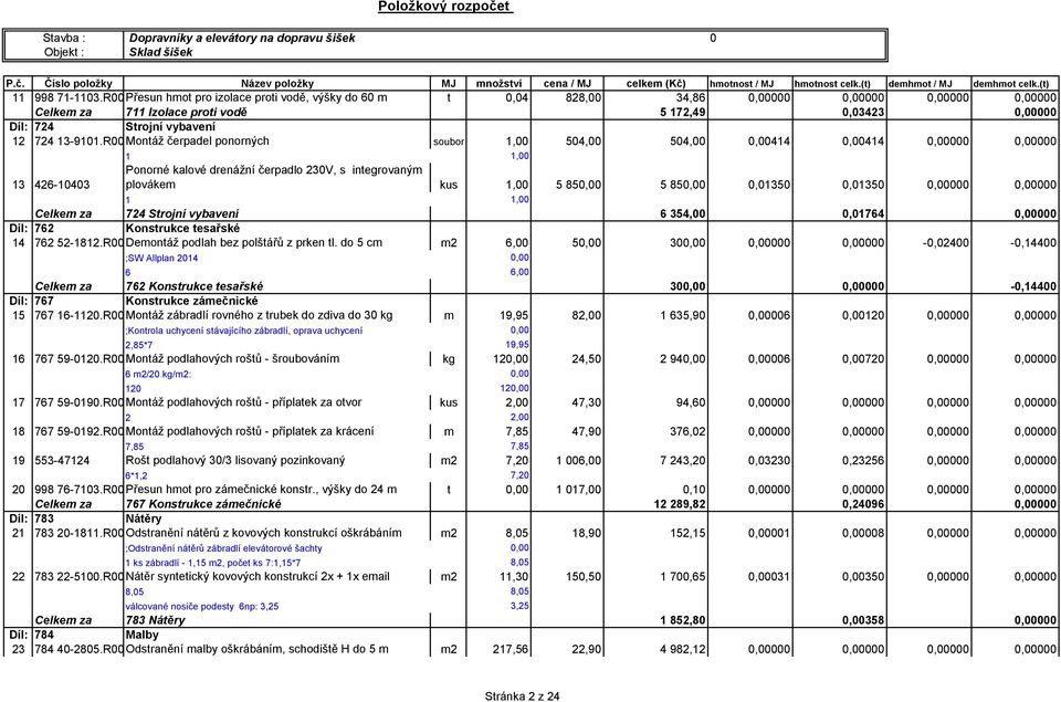 Strojní vybavení 6 354,00 0,0764 000 Díl: 76 Konstrukce tesařské 4 76 5-8.R00 Demontáž podlah bez polštářů z prken tl.