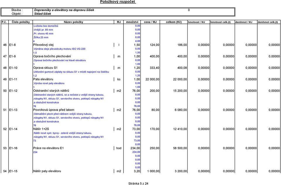 bočního plechování na hlavě elevátoru,00 48 E-0 Oprava skluzu S m,0 333,40 400,08 000 000 000 000 ;Utěsnění gumové záplaty na skluzu S v místě napojení na čističku,,0 49 E- Pata elevátoru ks,00 00 00