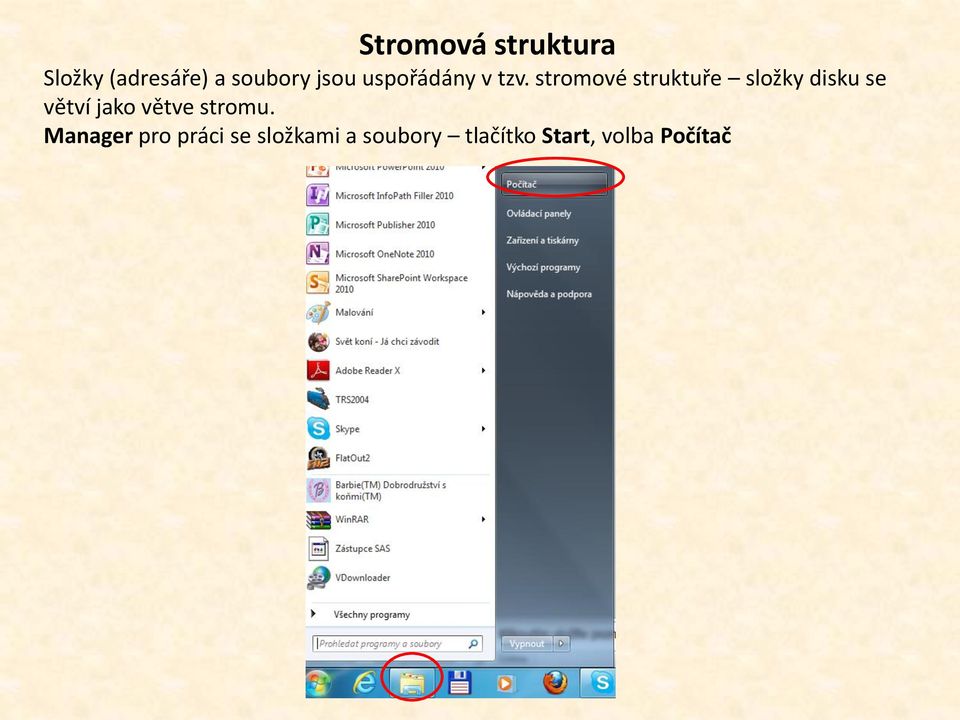 stromové struktuře složky disku se větví jako