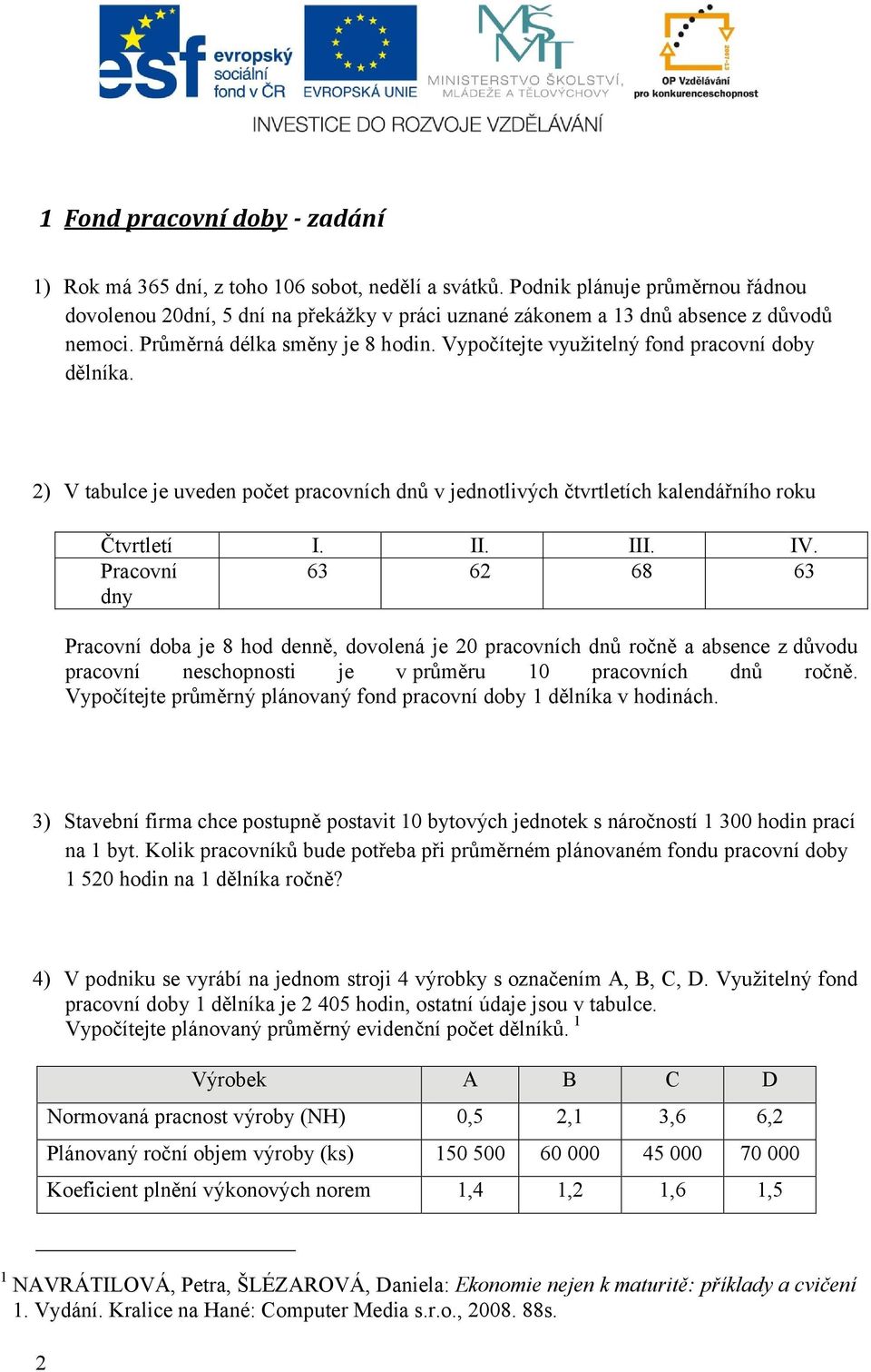 Vypočítejte využitelný fond pracovní doby dělníka. 2) V tabulce je uveden počet pracovních dnů v jednotlivých čtvrtletích kalendářního roku Čtvrtletí I. II. III. IV.