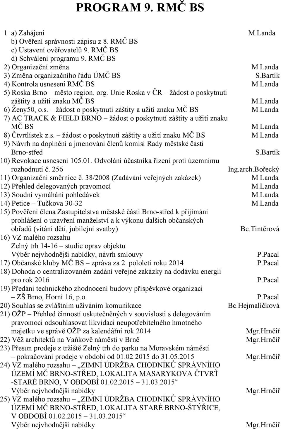 Landa 6) Ženy50, o.s. žádost o poskytnutí záštity a užití znaku MČ BS M.Landa 7) AC TRACK & FIELD BRNO žádost o poskytnutí záštity a užití znaku MČ BS M.Landa 8) Čtvrtlístek z.s. žádost o poskytnutí záštity a užití znaku MČ BS M.Landa 9) Návrh na doplnění a jmenování členů komisí Rady městské části Brno-střed S.