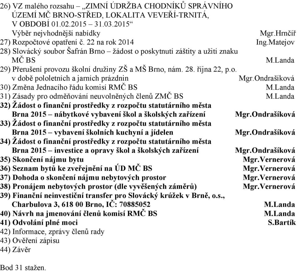 Ondrašíková 30) Změna Jednacího řádu komisí RMČ BS M.Landa 31) Zásady pro odměňování neuvolněných členů ZMČ BS M.