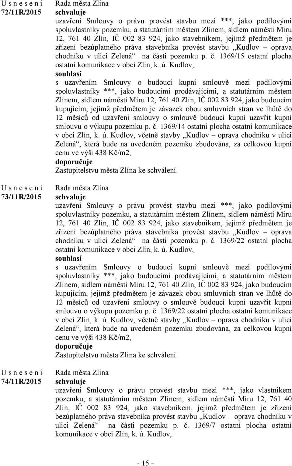 ú. Kudlov, s uzavřením Smlouvy o budoucí kupní smlouvě mezi podílovými spoluvlastníky ***, jako budoucími prodávajícími, a statutárním městem Zlínem, sídlem náměstí Míru 12, 761 40 Zlín, IČ 002 83