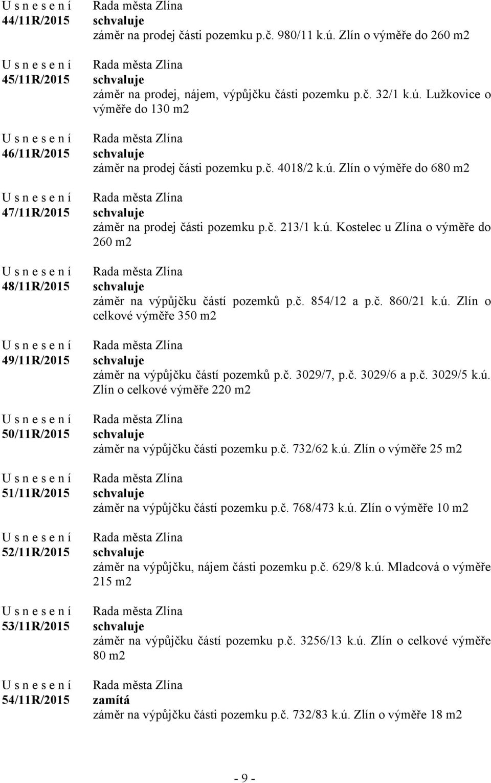 č. 213/1 k.ú. Kostelec u Zlína o výměře do 260 m2 záměr na výpůjčku částí pozemků p.č. 854/12 a p.č. 860/21 k.ú. Zlín o celkové výměře 350 m2 záměr na výpůjčku částí pozemků p.č. 3029/7, p.č. 3029/6 a p.