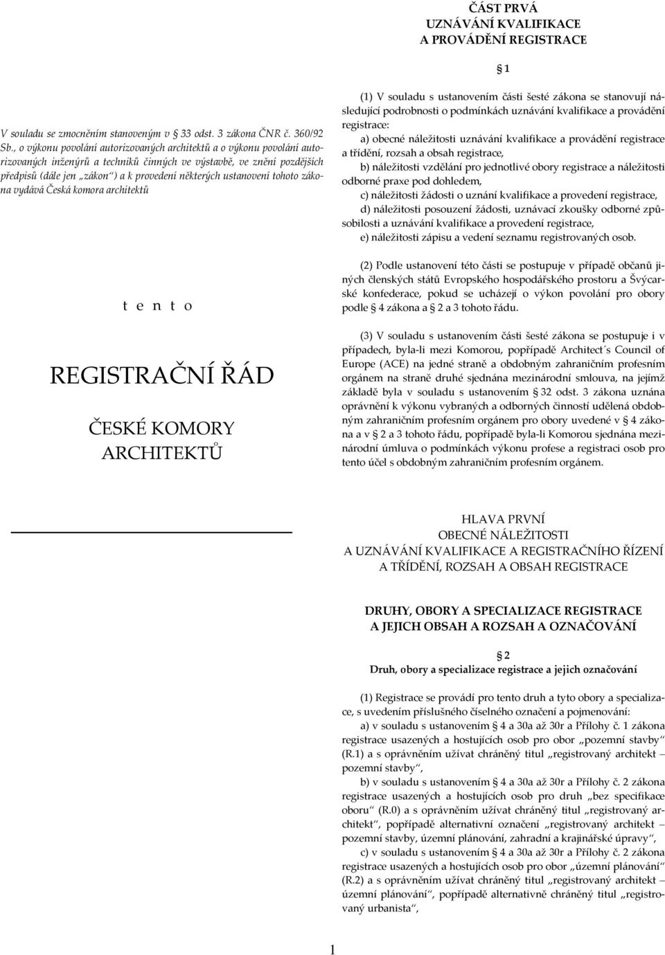 ustanovení tohoto zákona vydává Česká komora architektů t e n t o REGISTRAČNÍ ŘÁD ČESKÉ KOMORY ARCHITEKTŮ (1) V souladu s ustanovením části šesté zákona se stanovují následující podrobnosti o