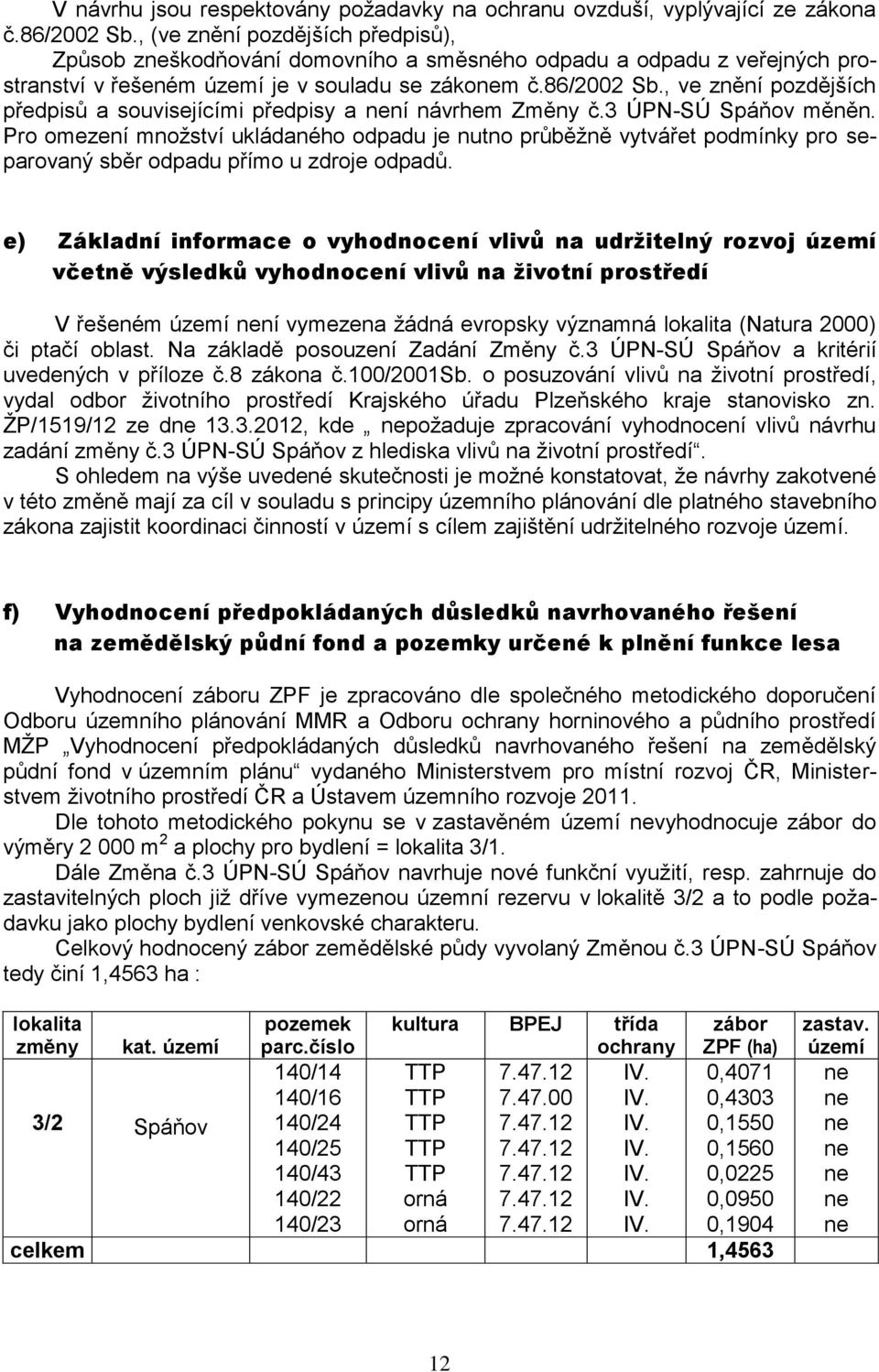 , ve znění pozdějších předpisů a souvisejícími předpisy a není návrhem Změny č.3 ÚPN-SÚ Spáňov měněn.