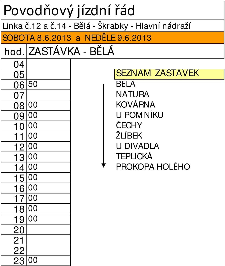 ZASTÁVKA - BĚLÁ 05 SEZNAM ZASTÁVEK 06 50 BĚLÁ 07 NATURA 08 00 KOVÁRNA 09