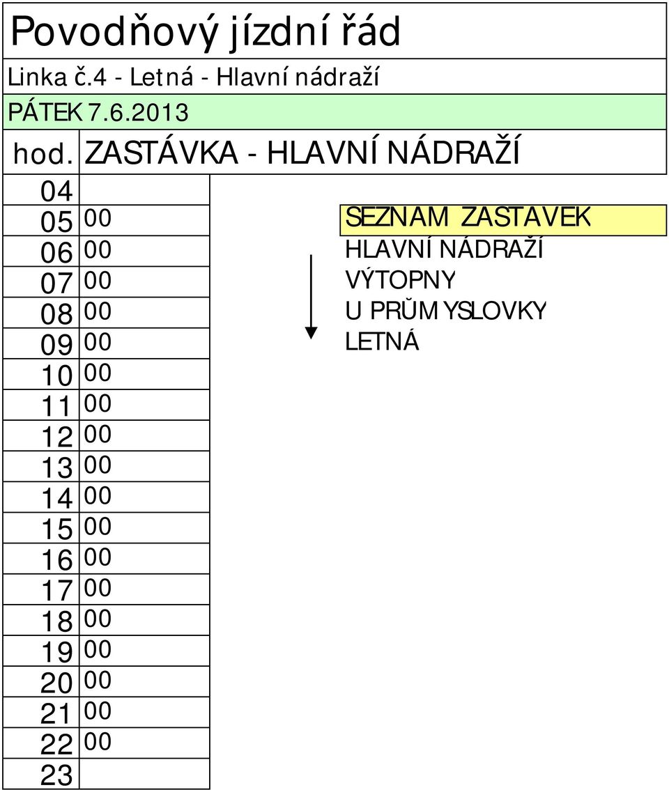 NÁDRAŽÍ 07 00 VÝTOPNY 08 00 U PRŮMYSLOVKY 09 00 LETNÁ 10 00