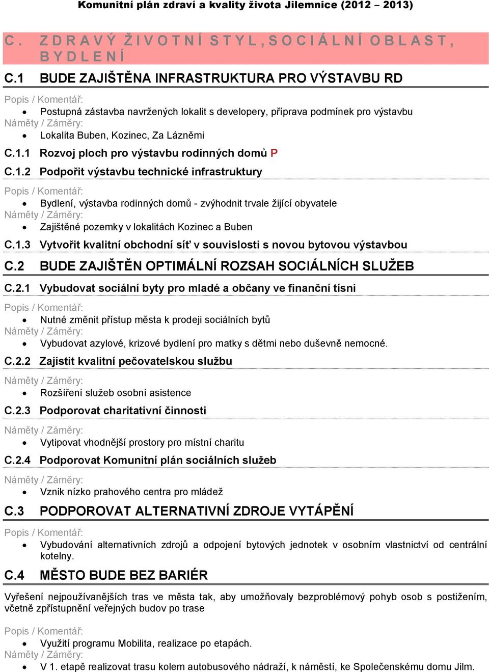 1.2 Podpořit výstavbu technické infrastruktury Bydlení, výstavba rodinných domů - zvýhodnit trvale žijící obyvatele Zajištěné pozemky v lokalitách Kozinec a Buben C.1.3 Vytvořit kvalitní obchodní síť v souvislosti s novou bytovou výstavbou C.