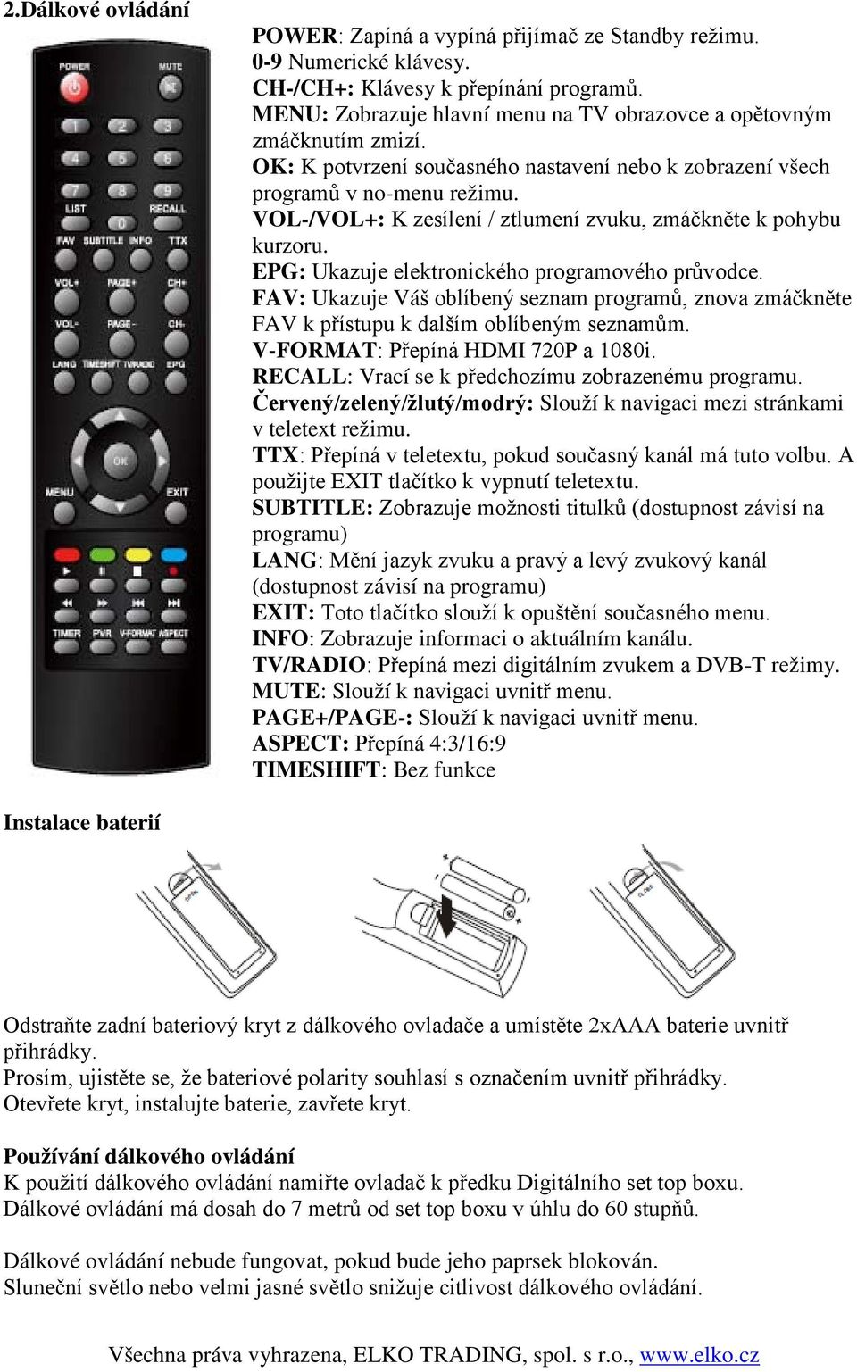 VOL-/VOL+: K zesílení / ztlumení zvuku, zmáčkněte k pohybu kurzoru. EPG: Ukazuje elektronického programového průvodce.