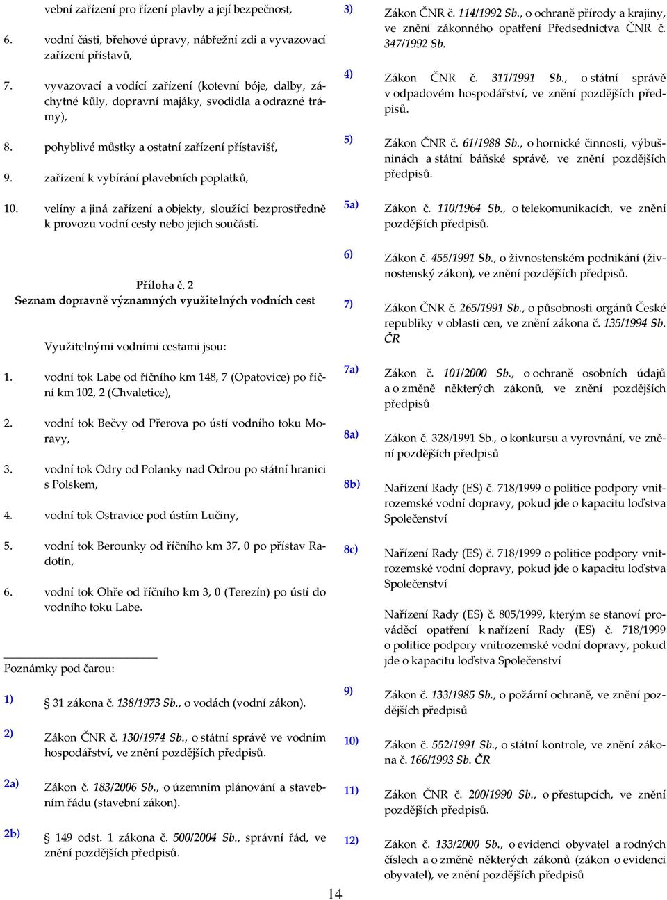 zařízení k vybírání plavebních poplatků, 10. velíny a jiná zařízení a objekty, sloužící bezprostředně k provozu vodní cesty nebo jejich součástí. 3) Zákon ČNR č. 114/1992 Sb.