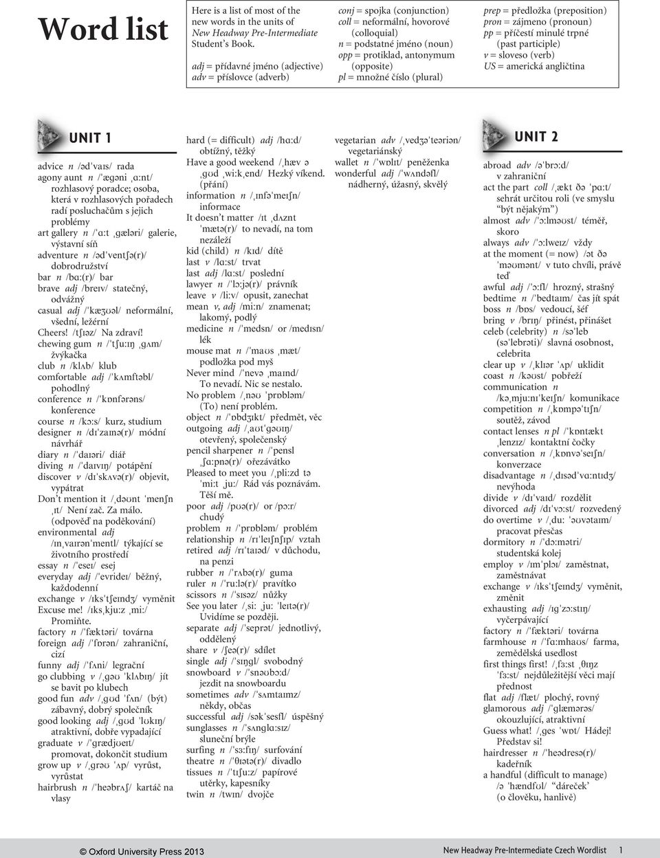 množné číslo (plural) prep = předložka (preposition) pron = zájmeno (pronoun) pp = příčestí minulé trpné (past participle) v = sloveso (verb) US = americká angličtina Unit 1 advice n /@d vais/ rada