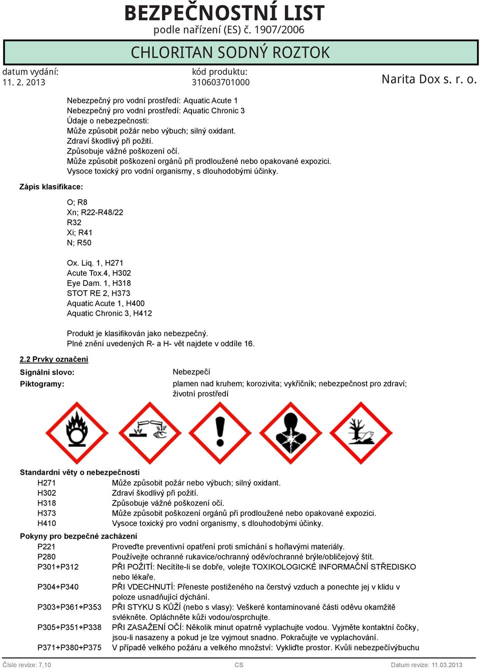 oxidant. Zdraví škodlivý při požití. Způsobuje vážné poškození očí. Může způsobit poškození orgánů při prodloužené nebo opakované expozici. Vysoce toxický pro vodní organismy, s dlouhodobými účinky.