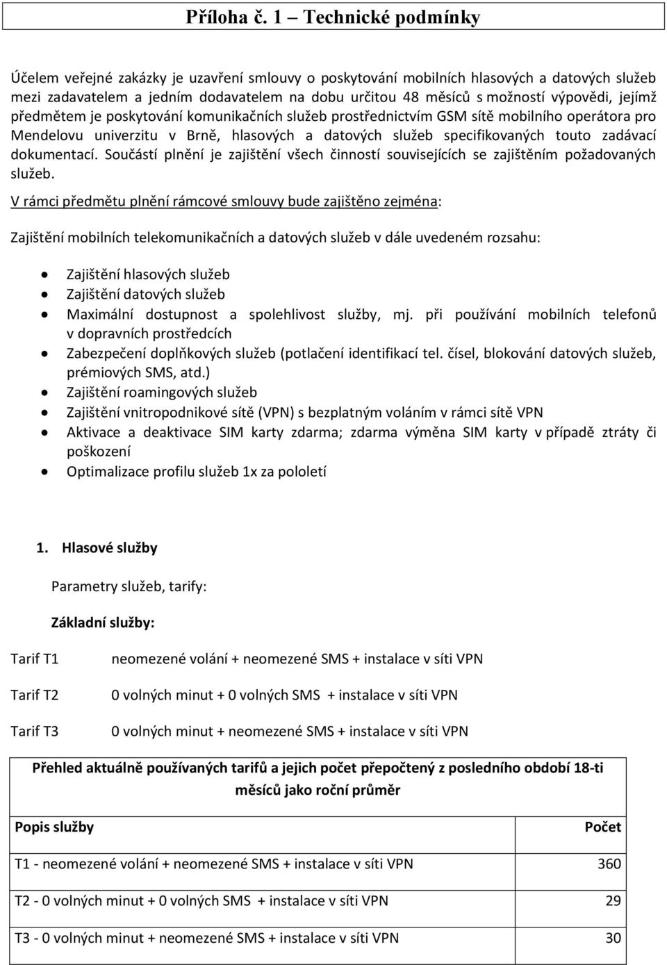 výpovědi, jejímž předmětem je poskytování komunikačních služeb prostřednictvím GSM sítě mobilního operátora pro Mendelovu univerzitu v Brně, hlasových a datových služeb specifikovaných touto zadávací