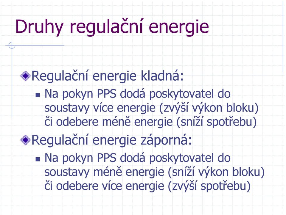 energie (sníží spotřebu) Regulační energie záporná: Na pokyn PPS dodá
