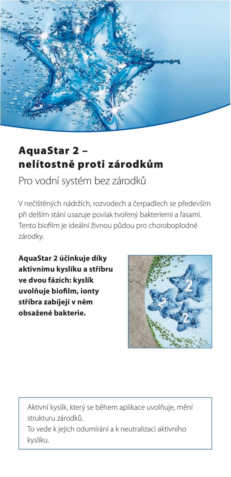 AquaStar 2 účinkuje díky aktivnímu kyslíku a stříbru ve dvou fázích: kyslík uvolňuje biofilm, ionty stříbra zabíjejí v něm obsažené
