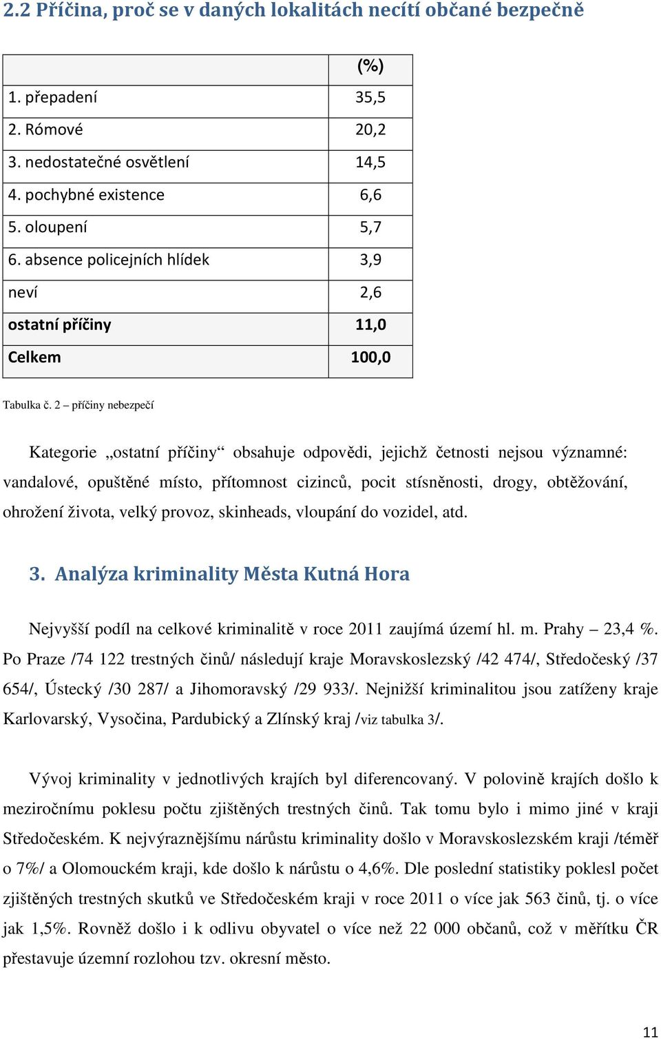 2 příčiny nebezpečí Kategorie ostatní příčiny obsahuje odpovědi, jejichž četnosti nejsou významné: vandalové, opuštěné místo, přítomnost cizinců, pocit stísněnosti, drogy, obtěžování, ohrožení