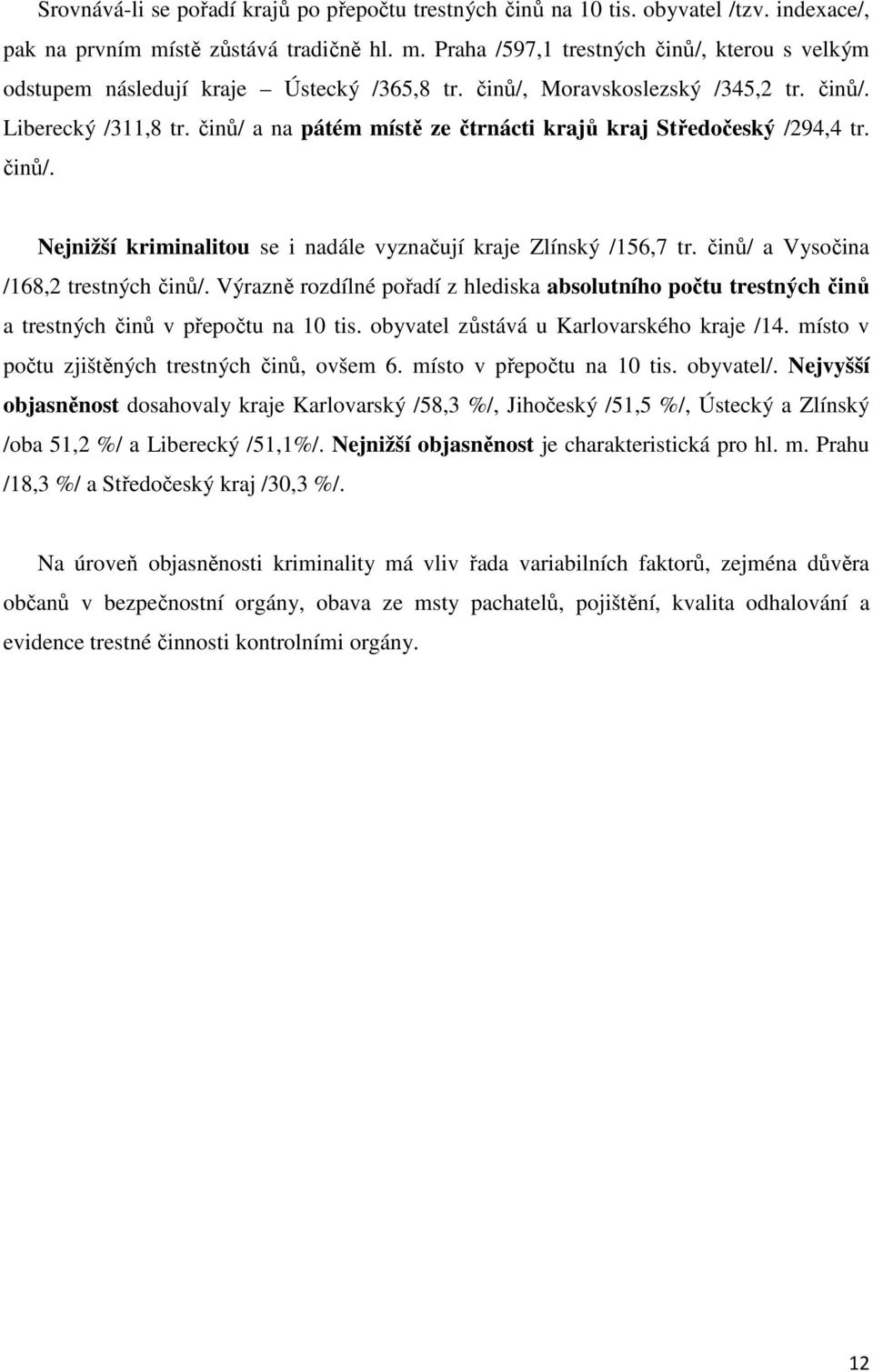 činů/ a Vysočina /168,2 trestných činů/. Výrazně rozdílné pořadí z hlediska absolutního počtu trestných činů a trestných činů v přepočtu na 10 tis. obyvatel zůstává u Karlovarského kraje /14.