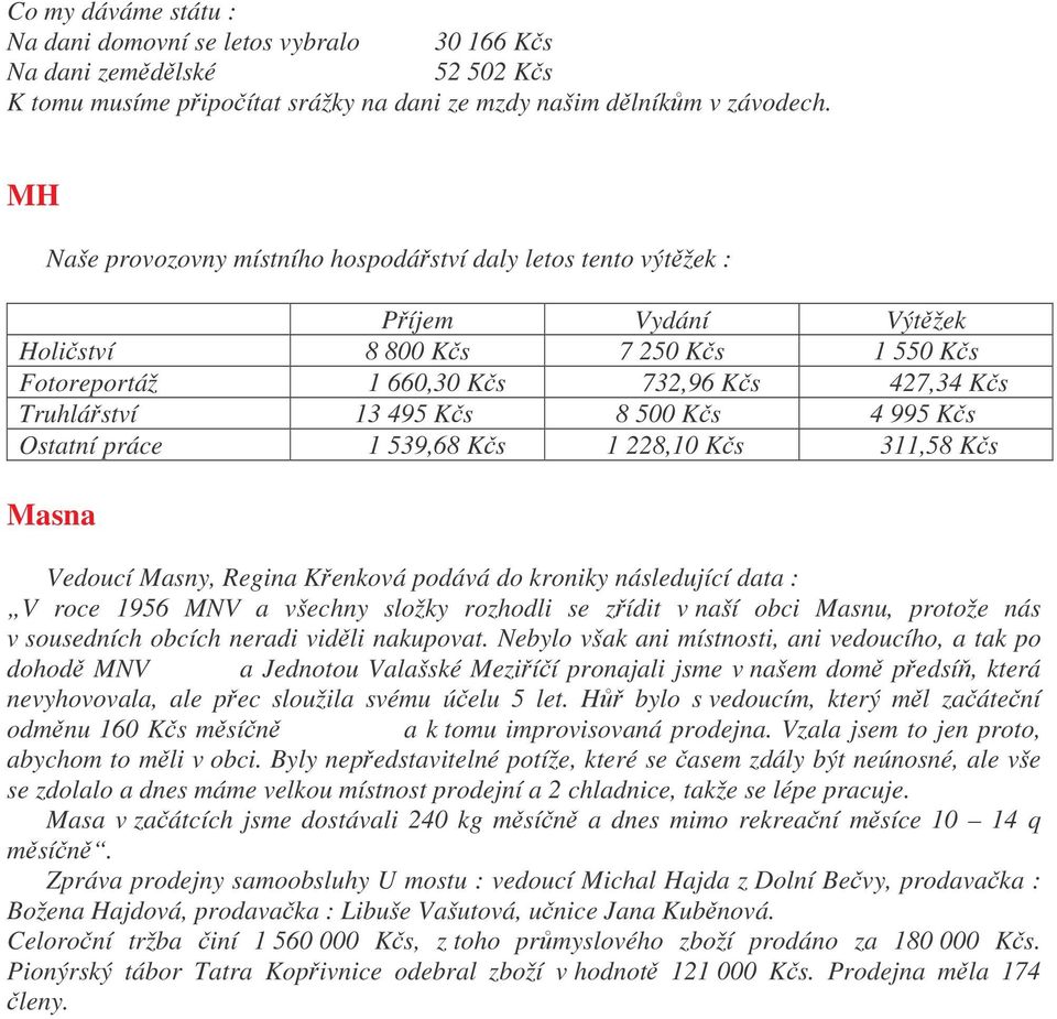 995 Ks Ostatní práce 1 539,68 Ks 1 228,10 Ks 311,58 Ks Masna Vedoucí Masny, Regina Kenková podává do kroniky následující data : V roce 1956 MNV a všechny složky rozhodli se zídit v naší obci Masnu,