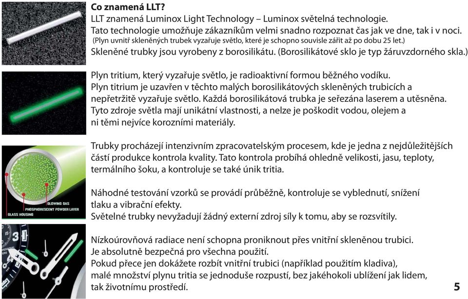 ) Plyn tritium, který vyzařuje světlo, je radioaktivní formou běžného vodíku. Plyn titrium je uzavřen v těchto malých borosilikátových skleněných trubicích a nepřetržitě vyzařuje světlo.