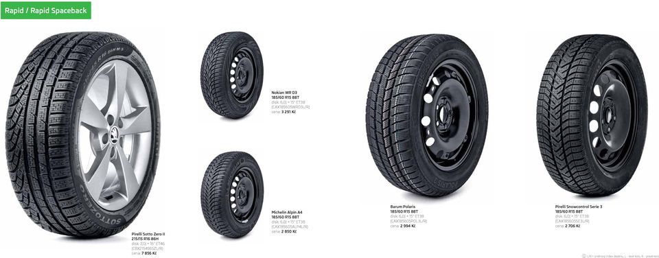 cena: 2 850 Kč Barum Polaris 185/60 R15 88T disk: 6,0J 15" ET38 (CAX185605POL3L/R) cena: 2 994 Kč Pirelli Snowcontrol Serie