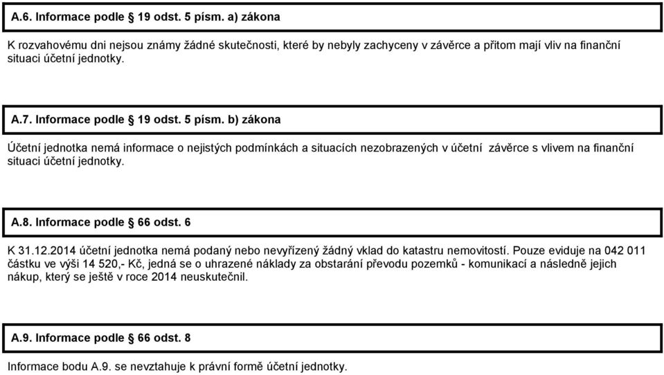 Informace podle 66 odst. 6 K 31.12.2014 účetní jednotka nemá podaný nebo nevyřízený žádný vklad do katastru nemovitostí.