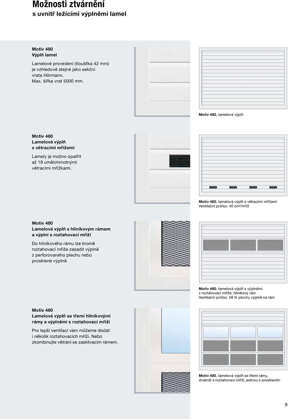 Motiv 480, lamelová výplň s větracími mřížemi Ventilační průřez: 40 cm²/mříž Motiv 480 Lamelová výplň s hliníkovým rámem a výplní s roztahovací mříží Do hliníkového rámu lze kromě roztahovací mříže