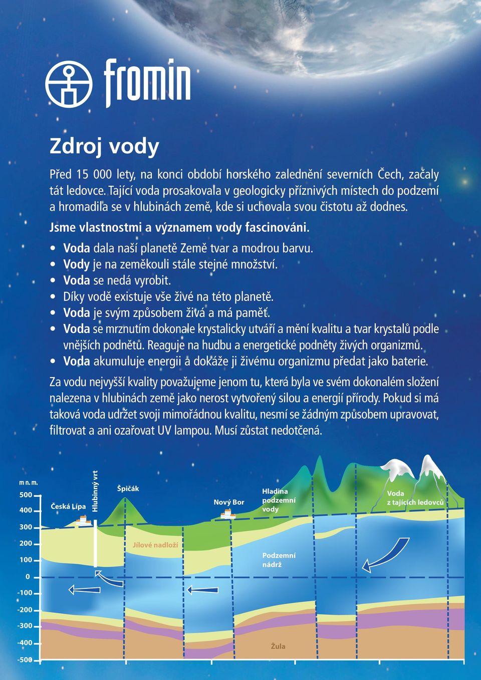 Voda dala naší planetě Země tvar a modrou barvu. Vody je na zeměkouli stále stejné množství. Voda se nedá vyrobit. Díky vodě existuje vše živé na této planetě. Voda je svým způsobem živá a má paměť.