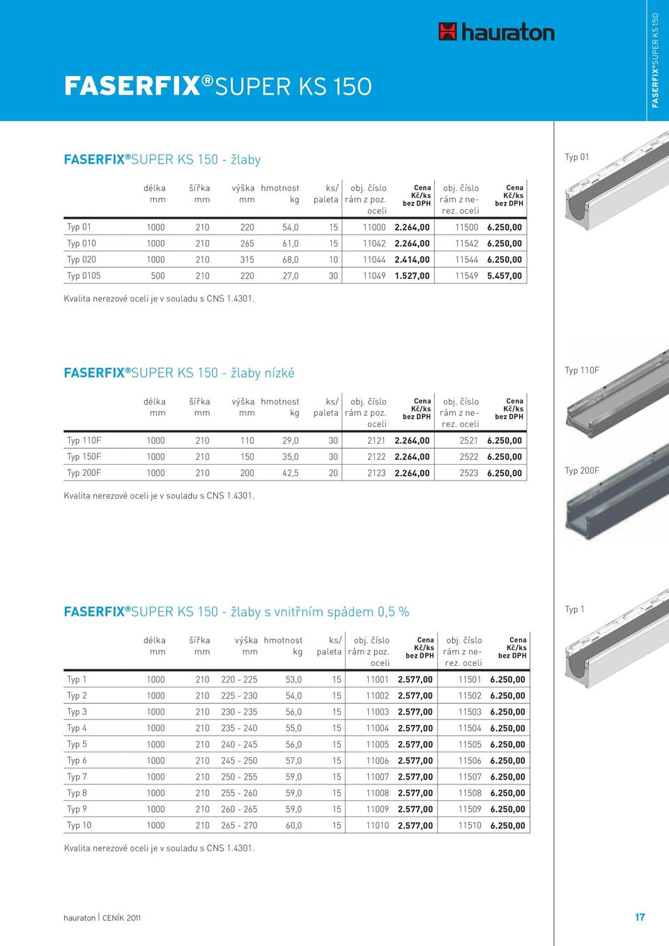 457,00 Kvalita nerezové oceli je v souladu s CNS 1.4301. FASERFIX SUPER KS 150 - žlaby nízké číslo rám z poz. oceli číslo rám z nerez. oceli Typ 110F 1000 210 110 29,0 30 2121 2.264,00 2521 6.