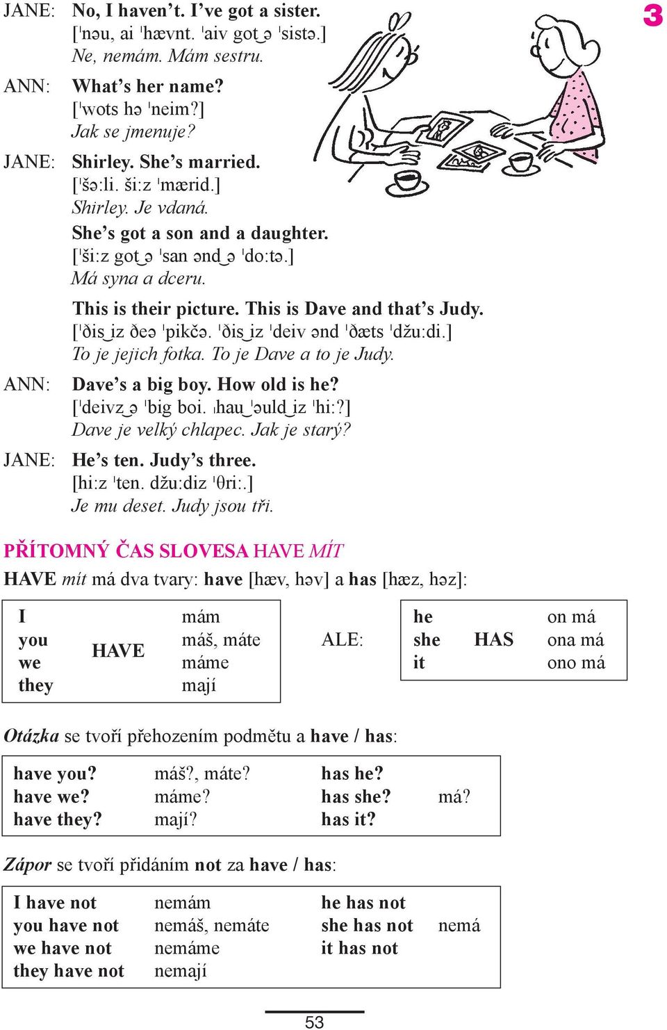 ðis iz deiv ənd ðæts džu:di.] To je jejich fotka. To je Dave a to je Judy. ANN: Dave s a big boy. How old is he? [ deivz ə big boi., hau əuld iz hi:?] Dave je velký chlapec. Jak je starý?