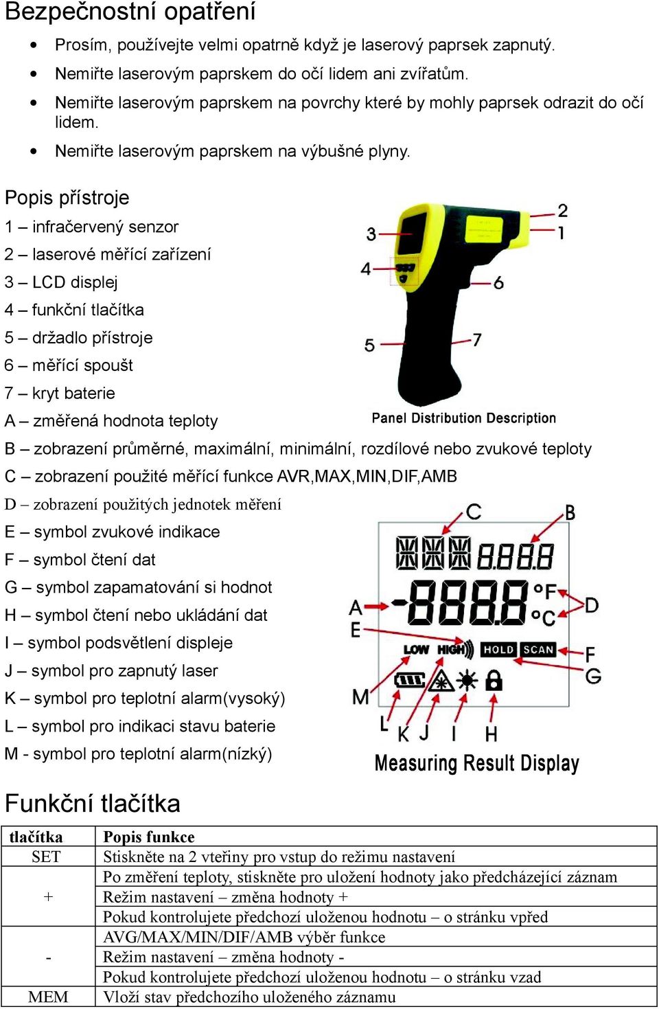 Popis přístroje 1 infračervený senzor 2 laserové měřící zařízení 3 LCD displej 4 funkční tlačítka 5 držadlo přístroje 6 měřící spoušt 7 kryt baterie A změřená hodnota teploty B zobrazení průměrné,