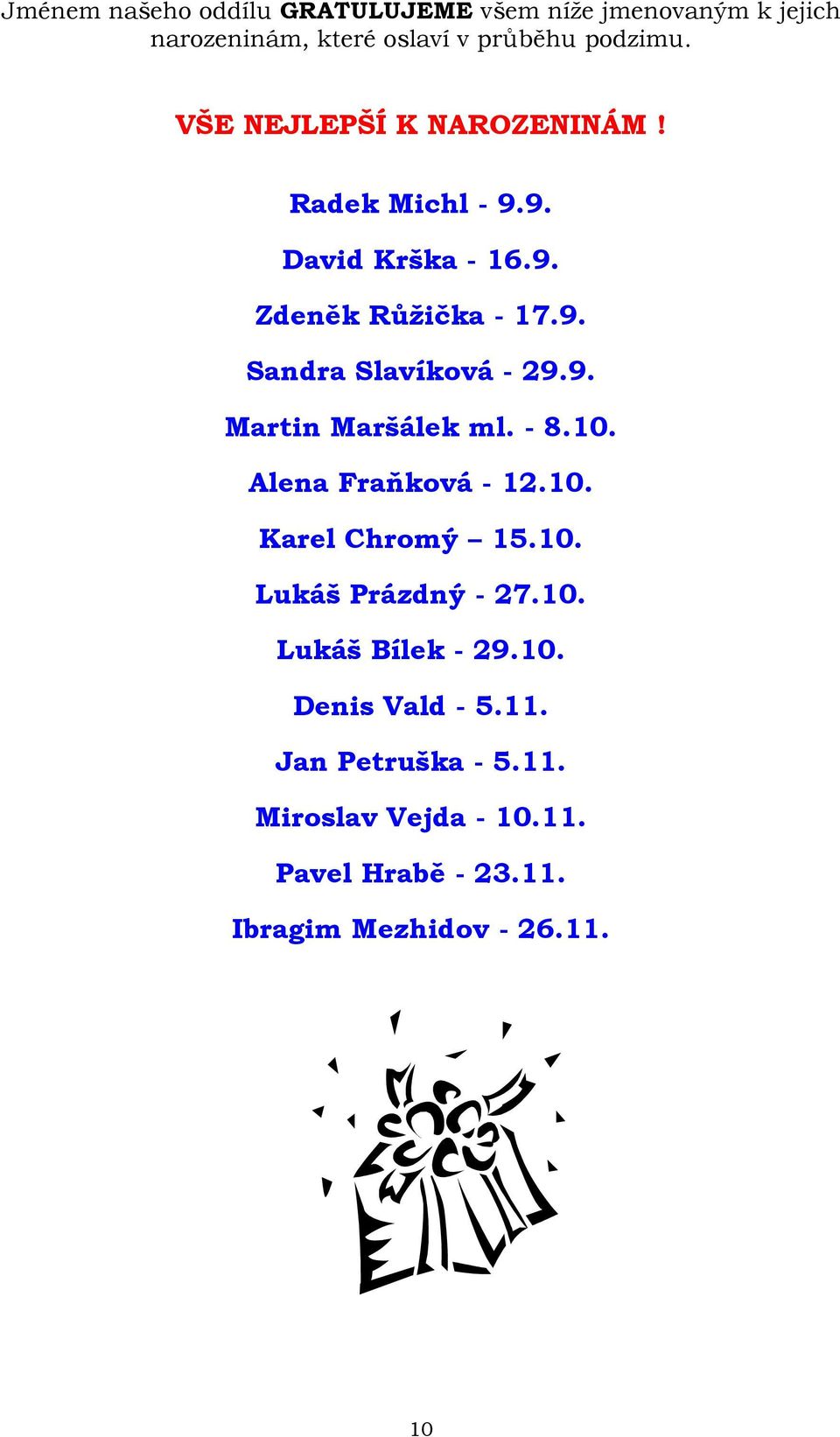 9. Martin Maršálek ml. - 8.10. Alena Fraňková - 12.10. Karel Chromý 15.10. Lukáš Prázdný - 27.10. Lukáš Bílek - 29.