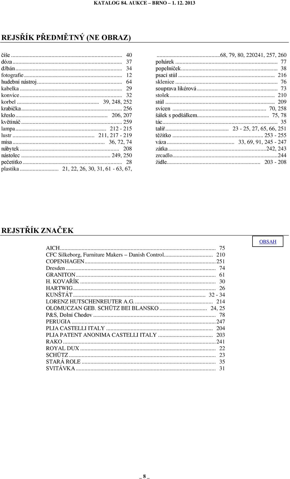 .. 77 popelníček... 38 psací stůl... 216 sklenice... 76 souprava likérová... 73 stolek... 210 stůl... 209 svícen... 70, 258 šálek s podšálkem... 75, 78 tác... 35 talíř... 23-25, 27, 65, 66, 251 těžítko.