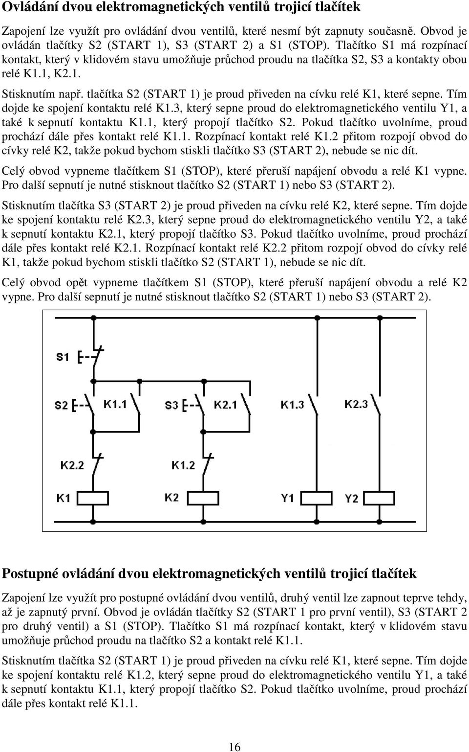 tlačítka S2 (START 1) je proud přiveden na cívku relé K1, které sepne. Tím dojde ke spojení kontaktu relé K1.3, který sepne proud do elektromagnetického ventilu Y1, a také k sepnutí kontaktu K1.