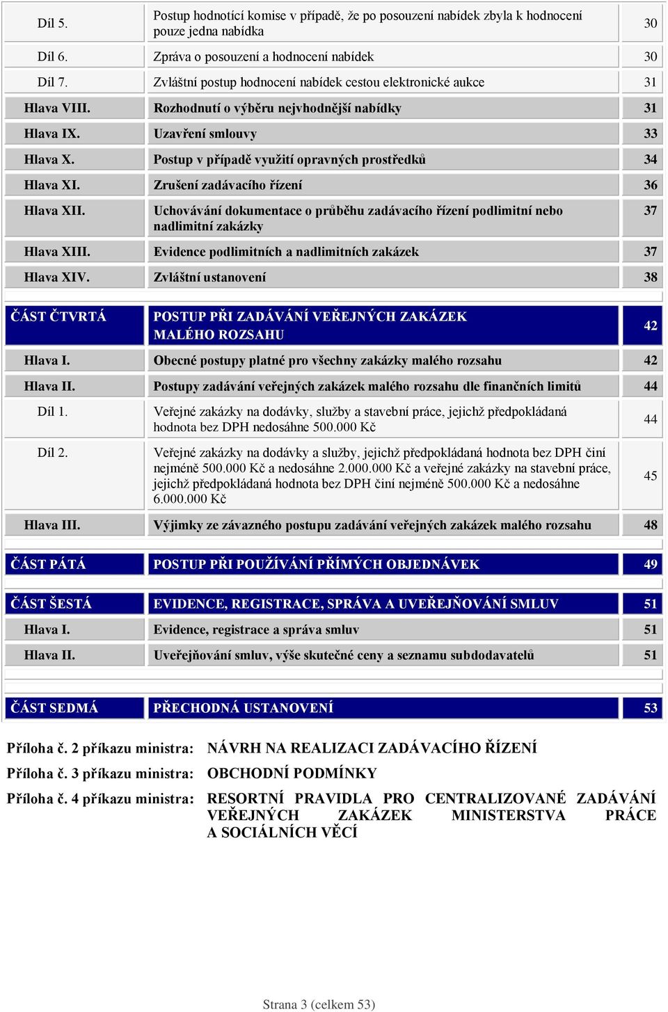 Postup v případě využití opravných prostředků 34 Hlava XI. Zrušení zadávacího řízení 36 Hlava XII. Uchovávání dokumentace o průběhu zadávacího řízení podlimitní nebo nadlimitní zakázky Hlava XIII.