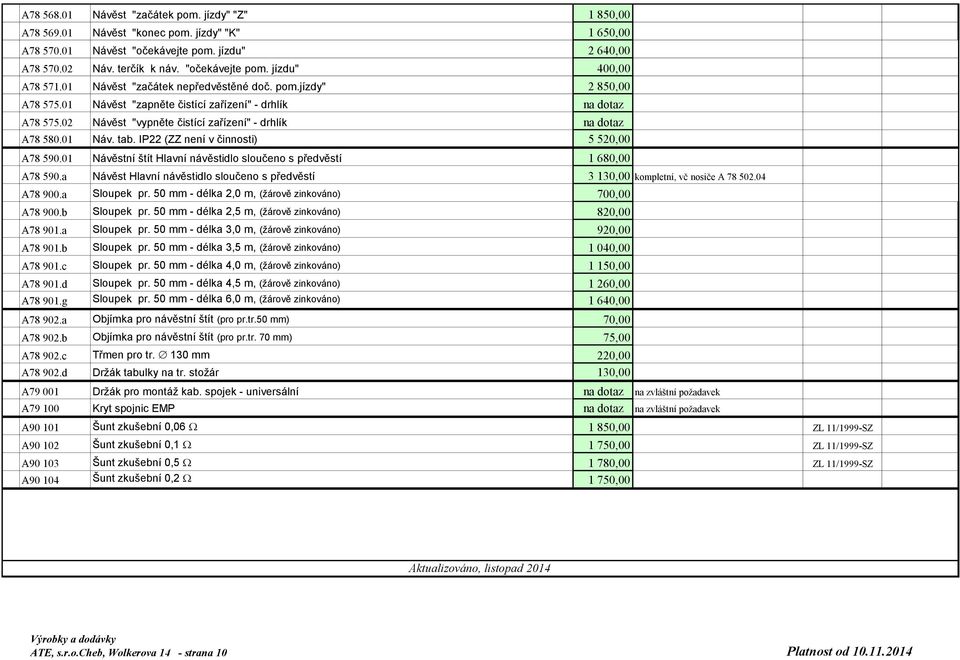 IP22 (ZZ není v činnosti) 5 520,00 A78 590.01 Návěstní štít Hlavní návěstidlo sloučeno s předvěstí 1 680,00 A78 590.