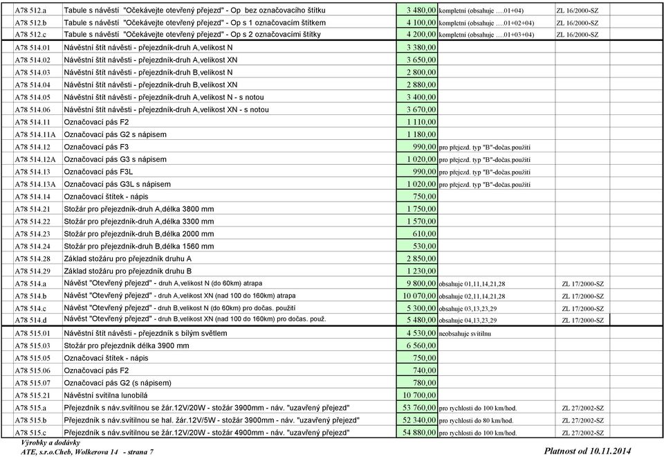 c Tabule s návěstí "Očekávejte otevřený přejezd" - Op s 2 označovacími štítky 4 200,00 kompletní (obsahuje.01+03+04) ZL 16/2000-SZ A78 514.