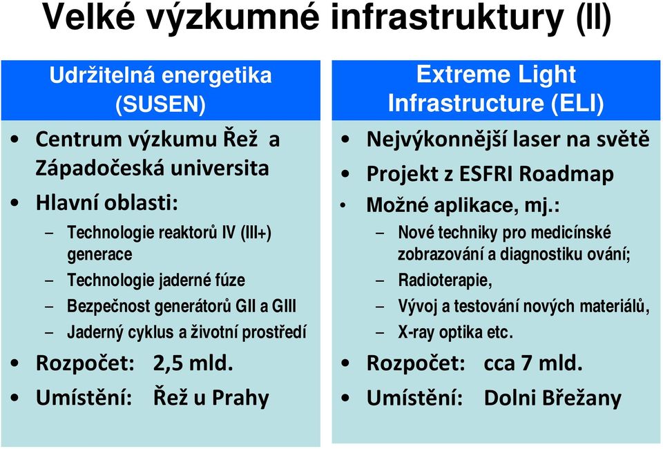 Umístění: Řež u Prahy Extreme Light Infrastructure (ELI) Nejvýkonnější laser na světě Projekt z ESFRI Roadmap Možné aplikace, mj.