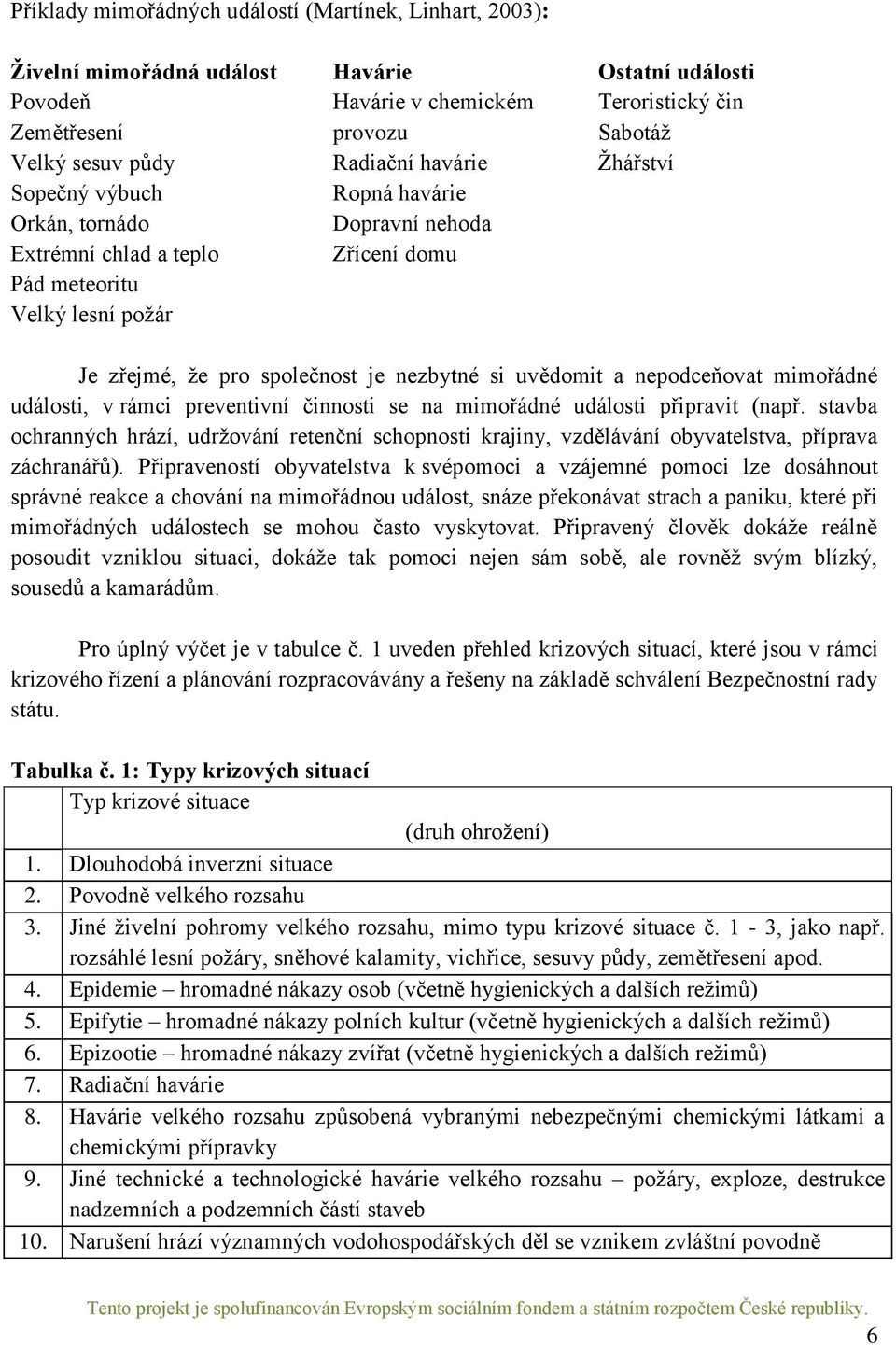 uvědomit a nepodceňovat mimořádné události, v rámci preventivní činnosti se na mimořádné události připravit (např.