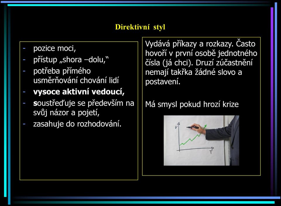 zasahuje do rozhodování. Vydává příkazy a rozkazy.