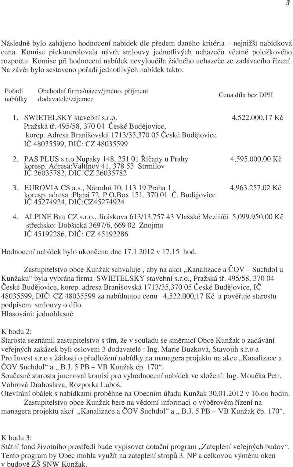 Na závěr bylo sestaveno pořadí jednotlivých nabídek takto: Pořadí nabídky Obchodní firma/název/jméno, příjmení dodavatele/zájemce Cena díla bez DPH 1. SWIETELSKY stavební s.r.o. 4,522.