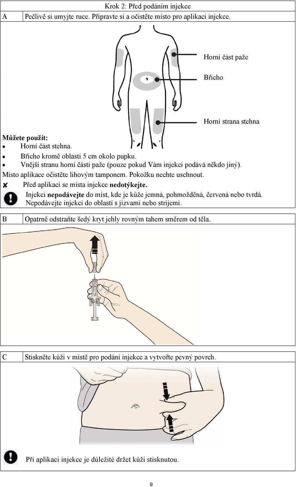 Před aplikací se místa injekce nedotýkejte. Injekci nepodávejte do míst, kde je kůže jemná, pohmožděná, červená nebo tvrdá. Nepodávejte injekci do oblastí s jizvami nebo strijemi.