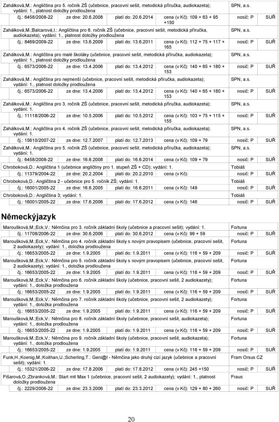 : Angličtina pro malé školáky (učebnice, pracovní sešit, metodická příručka, audiokazeta);, platnost doložky čj.: 6573/2006-22 13.4.2006 13.4.2012 cena (v Kč): 140 + 65 + 180 + 153 Zahálková,M.