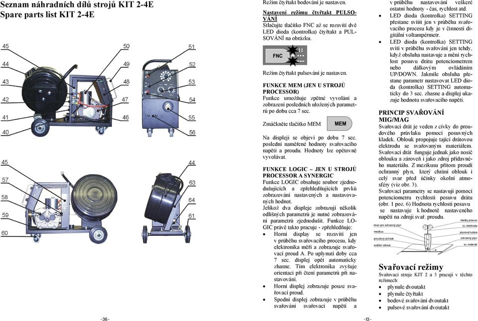 FUNKCE MEM (JEN U STROJŮ PROCESSOR) Funkce umožňuje zpětné vyvolání a zobrazení posledních uložených parametrů po dobu cca 7 sec. Zmáčkněte tlačítko MEM Na displeji se objeví po dobu 7 sec.